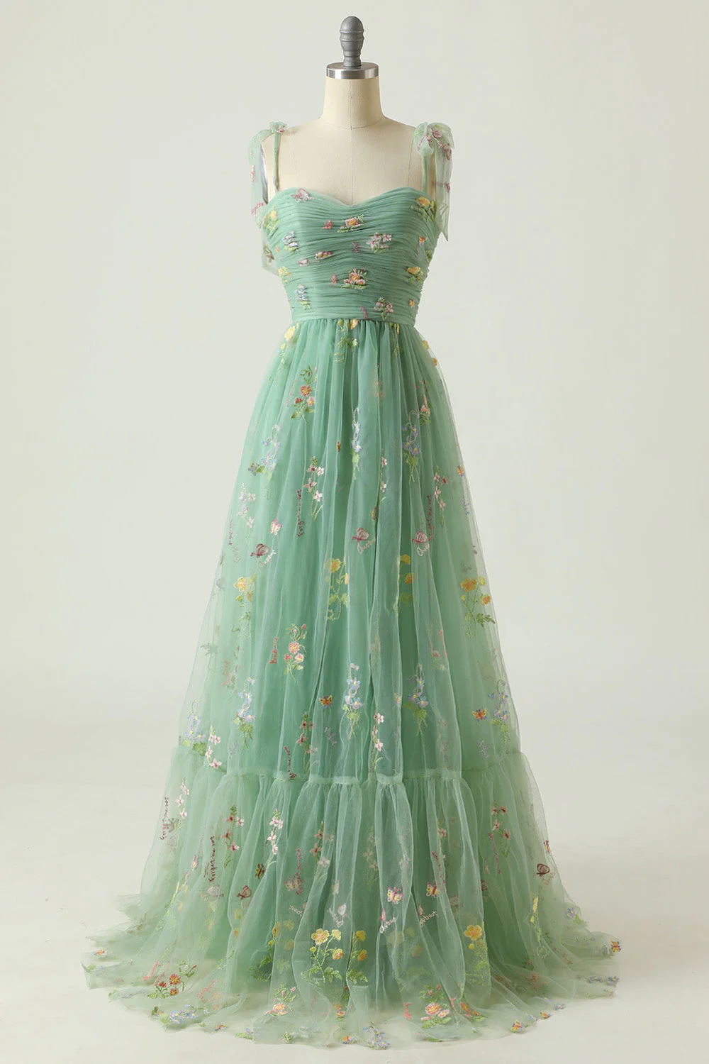 Green Embroidered Sleeveless Long Prom Dress