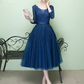 Navy Lace Applique V Neck Long Sleeves Prom Dress