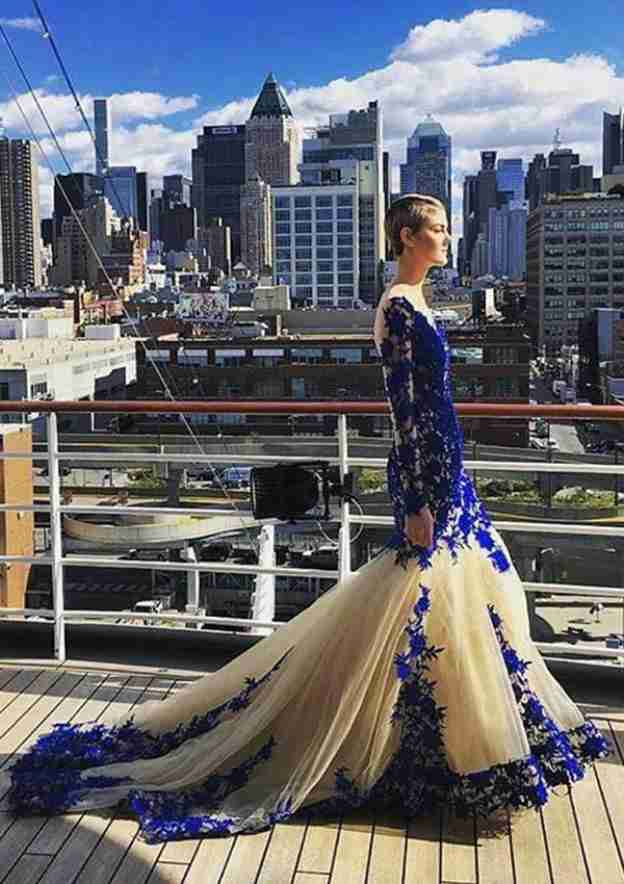 White Blue Embroidered Full Sleeves Long Prom Dress