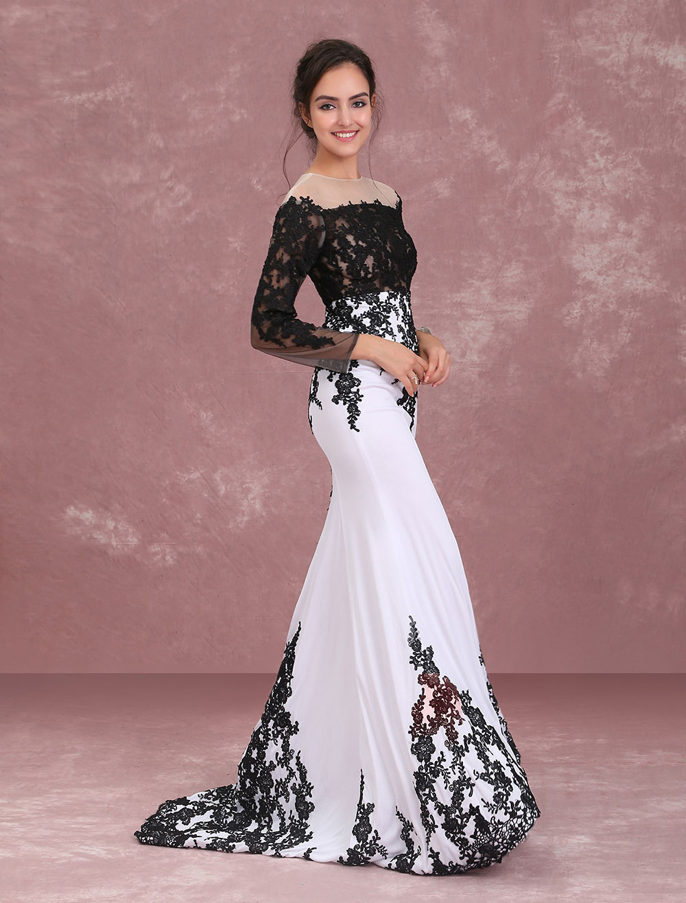 White Lace Black Embroidered Mermaid Prom Dress