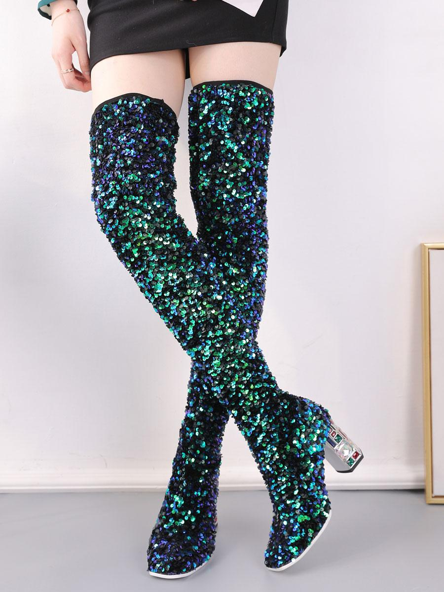 Chic Square Toe Sequined Over-The-Knee Winter Boots