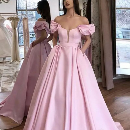 Pink Off-Shoulder Sleeveless Long Evening Dress