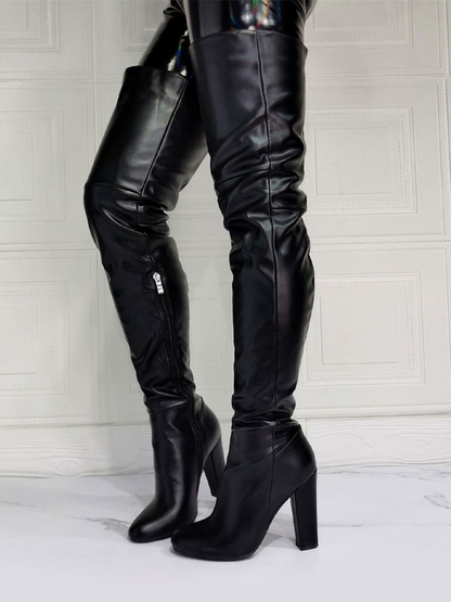 Black PU Leather Sky-High Chunky Heel Thigh-High Boots