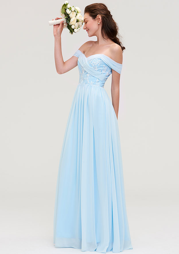 Pale Turquoise Appliqued Off-Shoulder Bridesmaid Dress