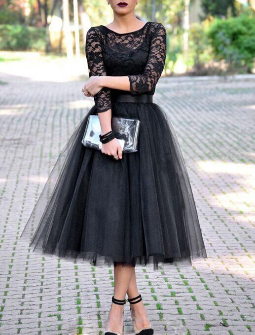 Black Mesh Pleated Evening Dress