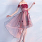 Light Pink Off The Shoulder Lace Applique Tulle High Low Prom Dress