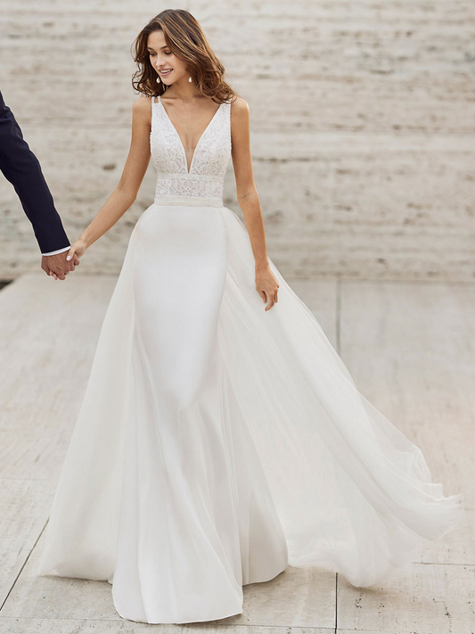 White Deep V Neck Sleeveless Backless Long Wedding Dress