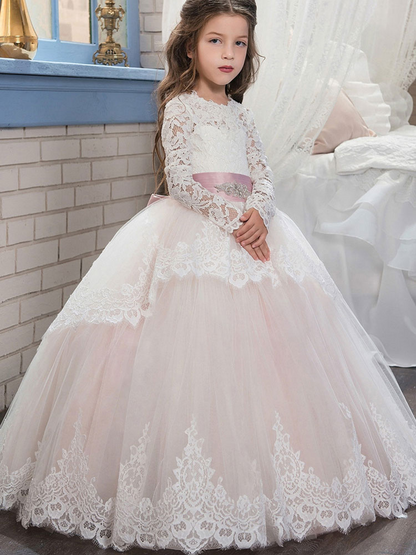 Lace Jewel Neck Long Sleeves Kids Wedding Dress