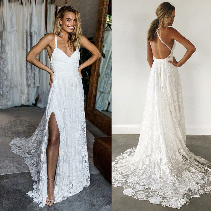 Lace White Backless Wedding Dress