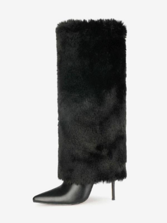 Plush Fuzzy Stiletto Heel Knee-High Boots