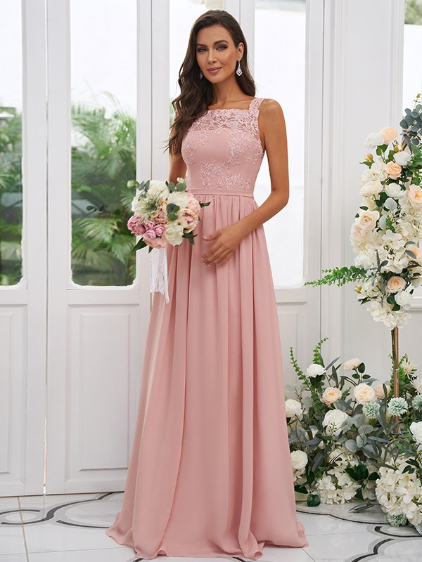 Lace Applique Square Neck Sleeveless Maxi Bridesmaid Dress