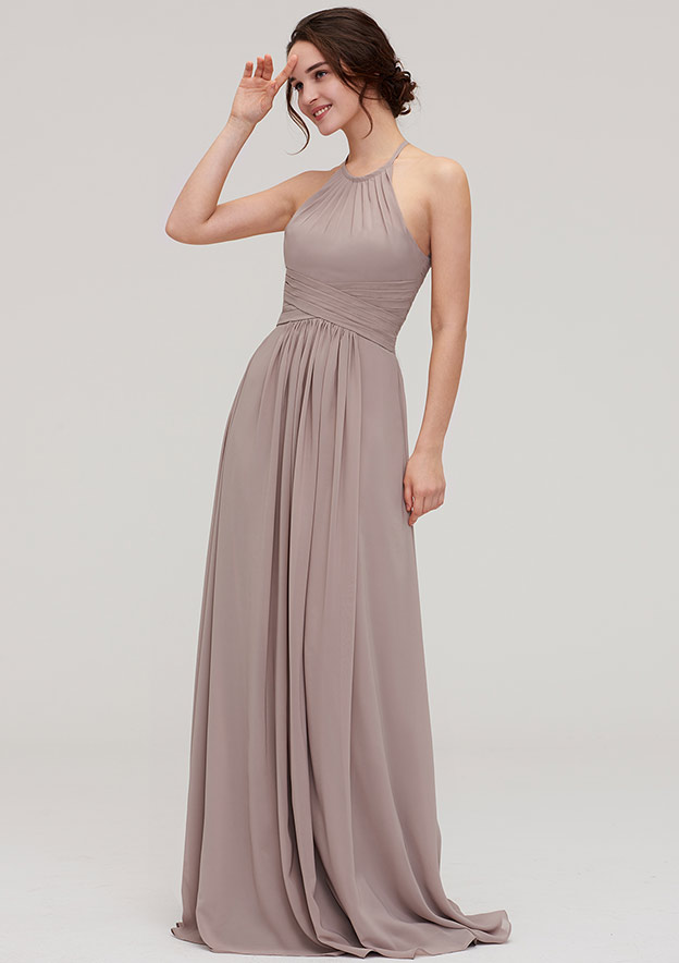 Tan Hanging Neck Sleeveless Maxi Bridesmaid Dress