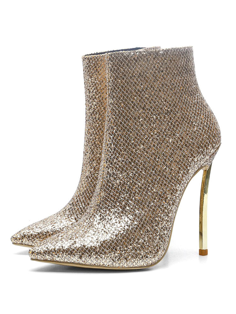 Gold Sequined Pointed Toe Stiletto High Heel Ankle Boots