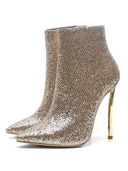 Gold Sequined Pointed Toe Stiletto High Heel Ankle Boots