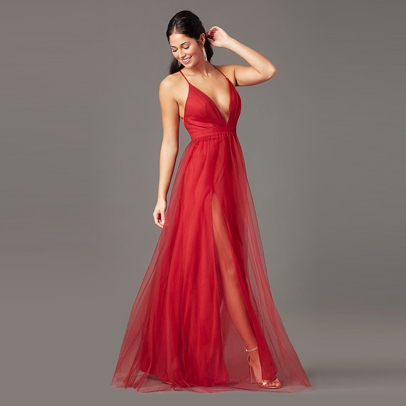 Red Deep V Neck Sleeveless Long Evening Dress