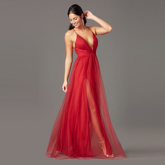 Red Deep V Neck Sleeveless Long Evening Dress