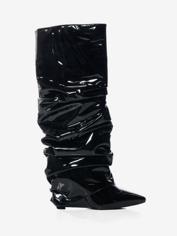 Stylish Pointed Toe Fold-Over Wedge Heel Knee-High Boots