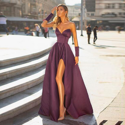 Purple  Strapless Satin Evening Dress