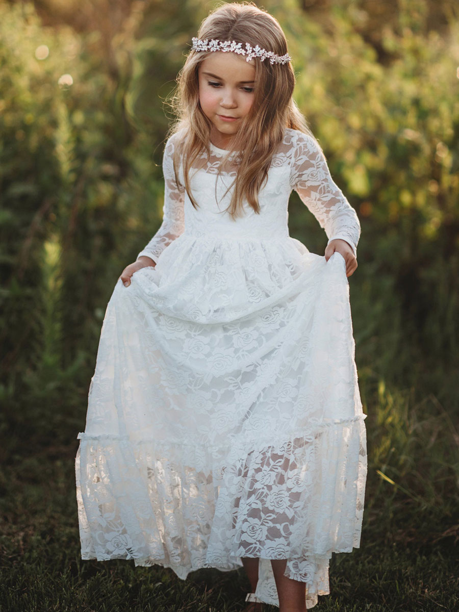 White Lace Long Sleeves Tie Back Kids Party Dress