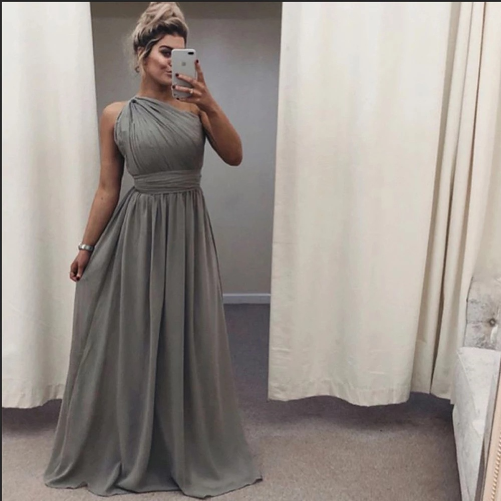 Oblique Shoulder Sleeveless Long Evening Dress