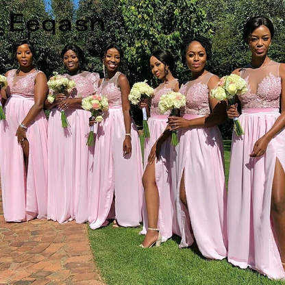 Pink Sleeveless Chiffon Bridesmaid Slit Dress