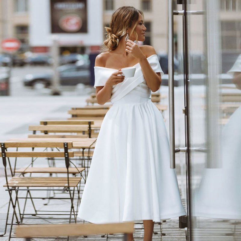 White Off-Shoulder Simple Wedding Dress