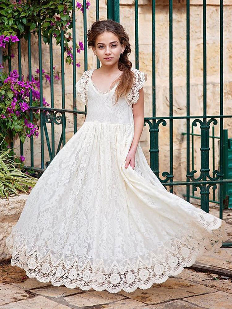 Ivory Lace Deep V Neck Short Sleeves Kids Party Dress