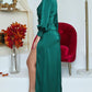 Green V Neck Thigh High Split Evening Dress