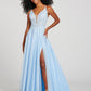 Light Sky Blue Deep V-Neck Sleeveless Applique Bridesmaid Dress