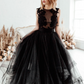 Black A-Line Lace Applique Backless Sleeveless Wedding Dress