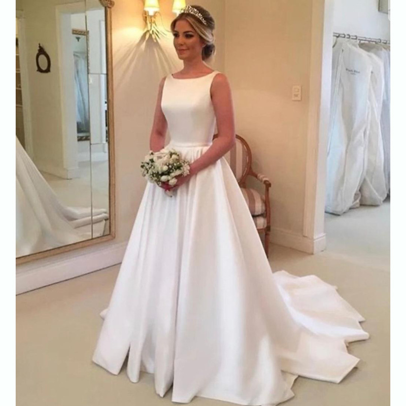 Satin White Simple Sleeveless Wedding Dress