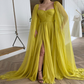 Yellow Long Sleeves Evening Slit Dress