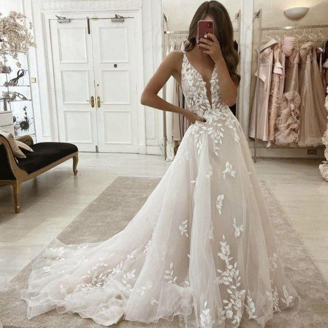 A Line Deep V Neck Champagne Tulle Wedding Dress