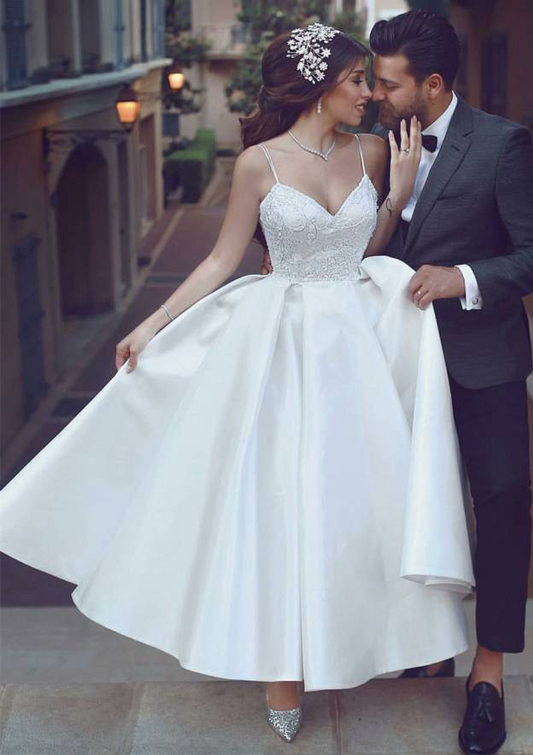 Satin White Spaghetti Strap Sleeveless Wedding Dress