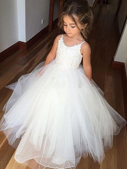 White Lace Spaghetti Strap Sleeveless Kids Wedding Dress