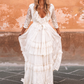 Cornsilk V Neck Long Sleeves Ruffle Maxi Wedding Dress