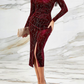 Sequined V Neck Long Sleeves High Split Dress