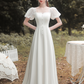 White Satin Short Puff Sleeves Long Wedding Dress