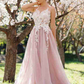 Peach Puff Appliqued Sleeveless Long Prom Dress