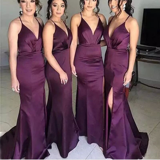 Purple Spaghetti Strap Fishtail Bridesmaid Slit Dress