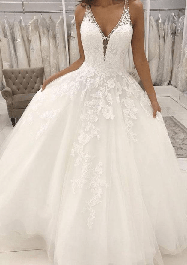 A-Line White Appliqued Sleeveless V Neck Wedding Dress