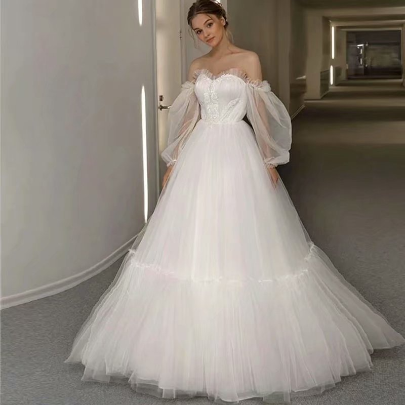 White Off Shoulder Long Sleeves Wedding Dress