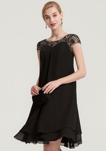 Black Jewel Neckline Short Sleeves Short Ruffle Bridesmaid Dress