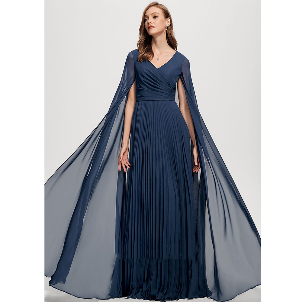 Navy V Neck Long Sleeves Long Evening Dress