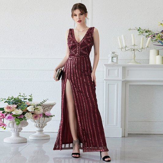 Deep V Neck Sleeveless Long Evening Dress