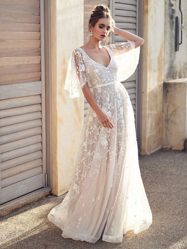 Lace V-Neck Short Sleeves Backless Boho Wedding Dress