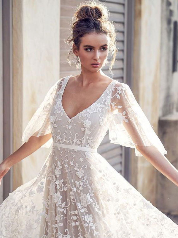 Lace V-Neck Short Sleeves Backless Boho Wedding Dress