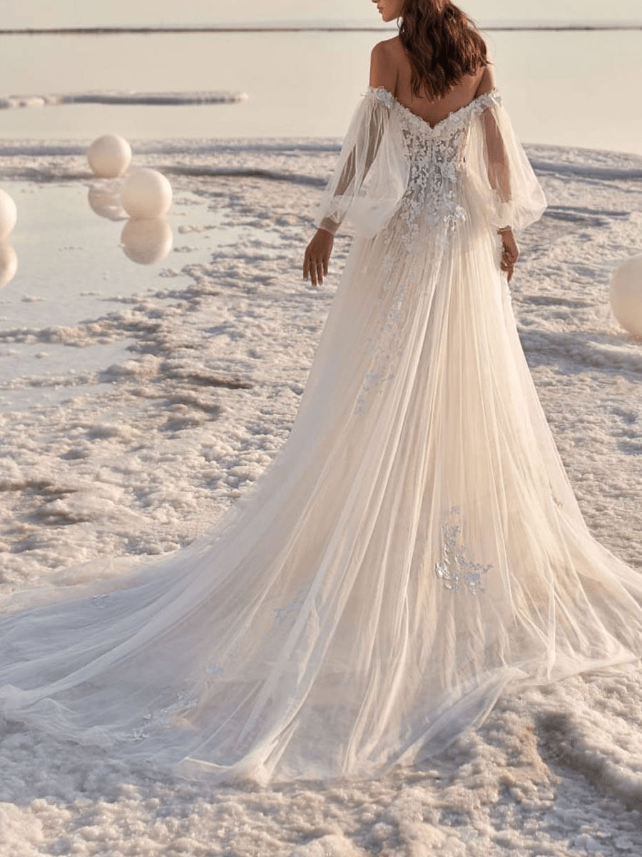 A-Line Off-The-Shoulder Long Sleeves Lace Ball Gown Wedding Dress