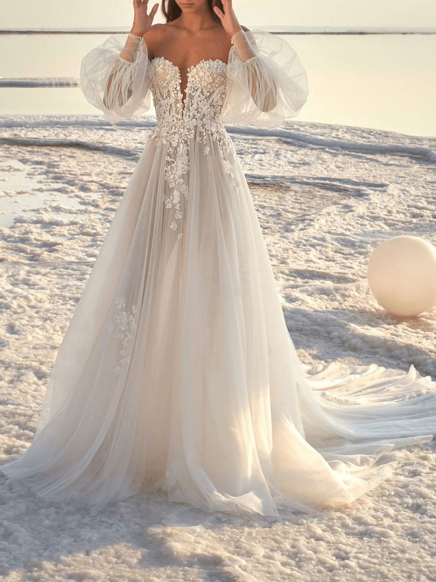 A-Line Off-The-Shoulder Long Sleeves Lace Ball Gown Wedding Dress