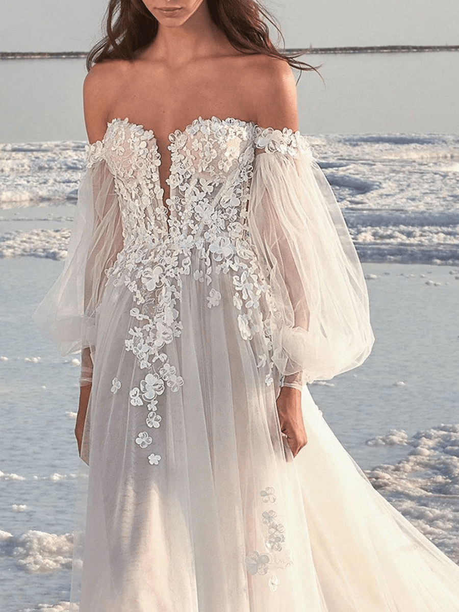 A-Line Off-The-Shoulder Long Sleeves Lace Ball Gown Wedding Dress